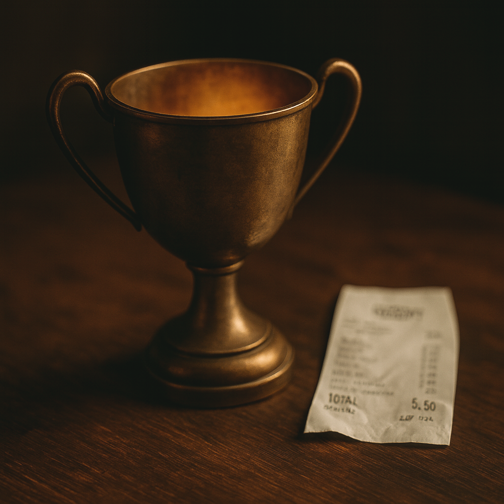 Leerer Messingpokal auf Holztisch; daneben ein unscharfer Kassenbon. Warmes Seitenlicht, dunkler Hintergrund.