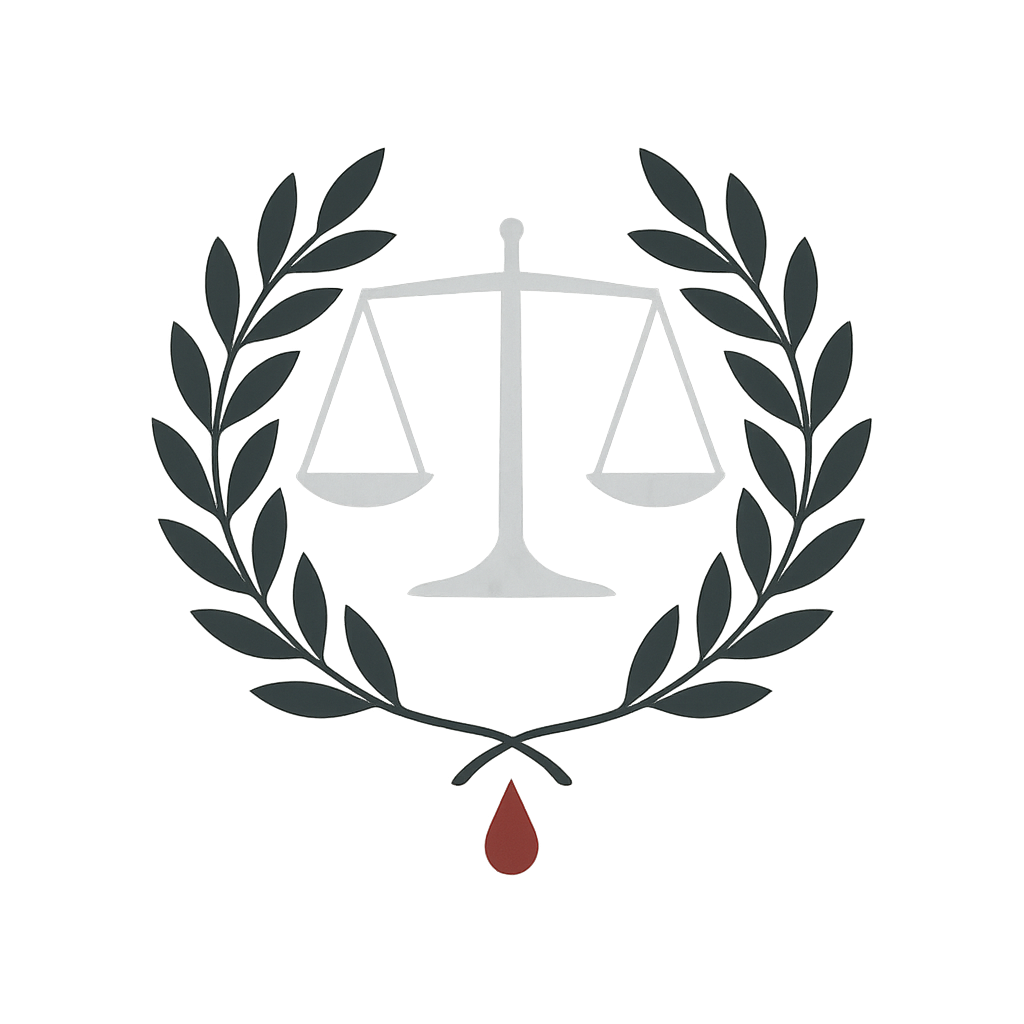 Minimalistischer Lorbeerkranz in Grautönen vor einer schemenhaften Waage; unten verwandelt sich ein Blatt in einen roten Blutstropfen – Symbol für Sieg, Verantwortung und den Preis des Erfolgs. @Andre