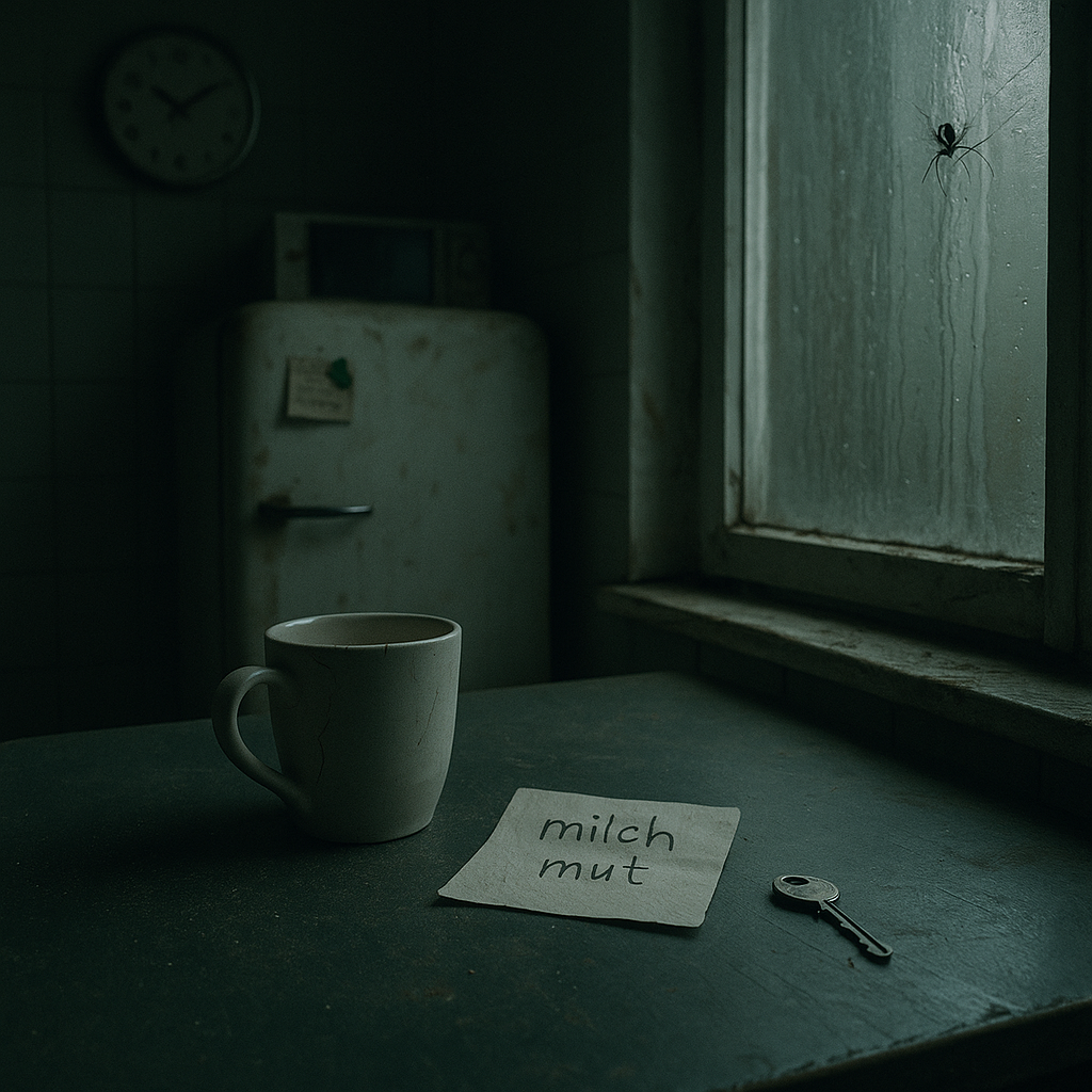 Frühe Küche im kalten Morgenlicht: beschlagene Fensterscheibe mit Spinne, alter Kühlschrank, rissige Tasse, Notizzettel „milch / mut“, daneben ein Einzelschlüssel.