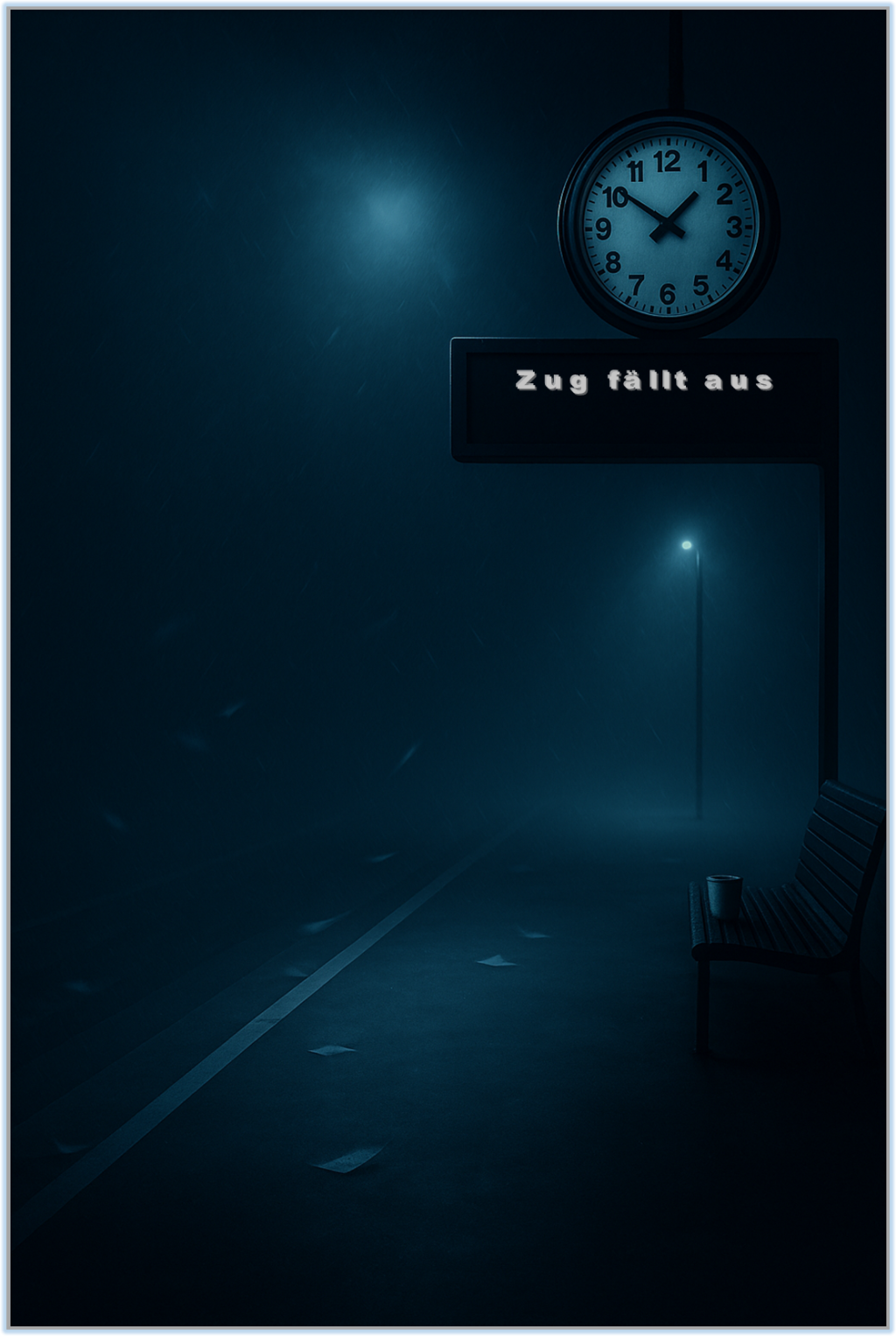 Leerer Bahnsteig bei Nacht; blaue Nässe, Uhr 01:52, Tafel Zug fällt aus, Pappbecher auf Metallbank, Papierfetzen im Wind.