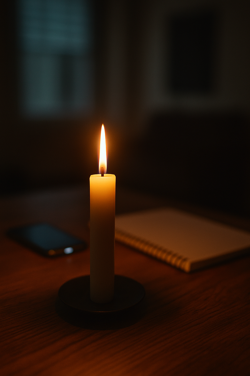 Eine einzelne brennende Kerze auf einem Holztisch, im Hintergrund unscharf ein Smartphone und ein Notizbuch in einem dunklen Zimmer – ein stiller Moment abseits von To-do-Listen und Displays.