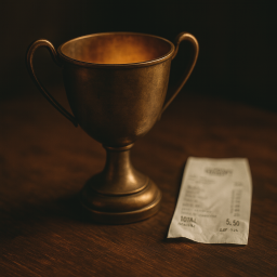 Leerer Messingpokal auf Holztisch; daneben ein unscharfer Kassenbon. Warmes Seitenlicht, dunkler Hintergrund.