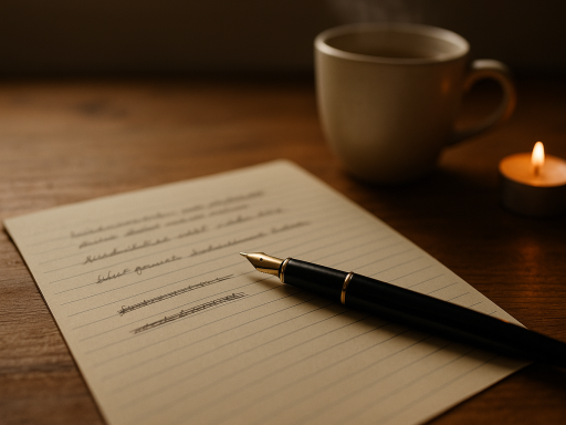 Füller auf liniertem Blatt mit gestrichenen Zeilen; Tasse und Kerze im Hintergrund.