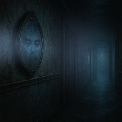 Beschlagener Spiegel mit schemenhaften, drohenden Augen an der Wand eines dunklen Flurs; brüchiges Licht, Nebel am Boden.
