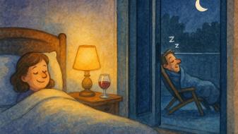 Aquarell Schlafzimmer bei Nacht: Frau entspannt im Bett; durch die offene Terrassentür sieht man den Mann draußen im Liegestuhl schlafen.