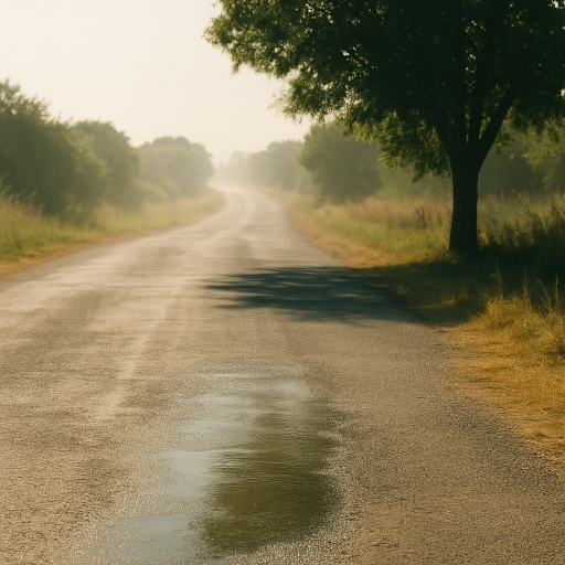 Flirrende Hitze über heller Straße; harter Schattenrand, ferne Bäume weich.